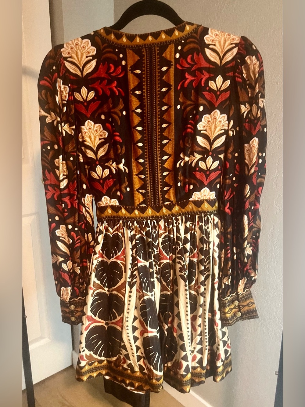 FARM Rio Tapestry Garden Black Floral Wrap Mini Dress with Red & Cream Accents - Picture 2 of 4
